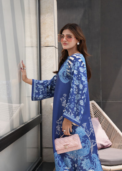 Ladies Blue Printed Satin Silk Kaftan Online in Sri Lanka India Australia