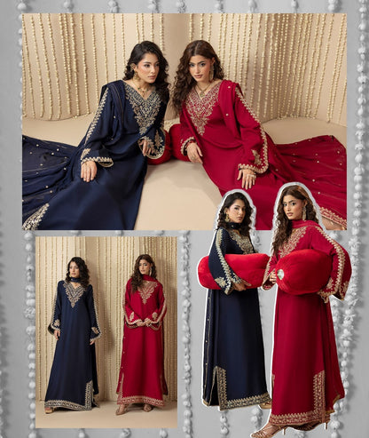 Ladies Blue Raw Silk Embroidered Kaftan Dress Online in UK USA Canada