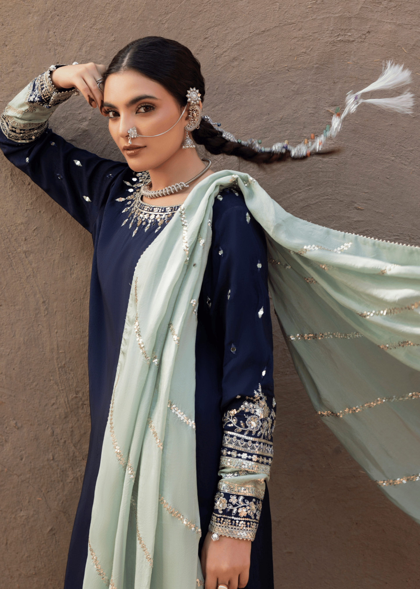 Ladies Blue Raw Silk Festive Suit Online in UK USA Canada