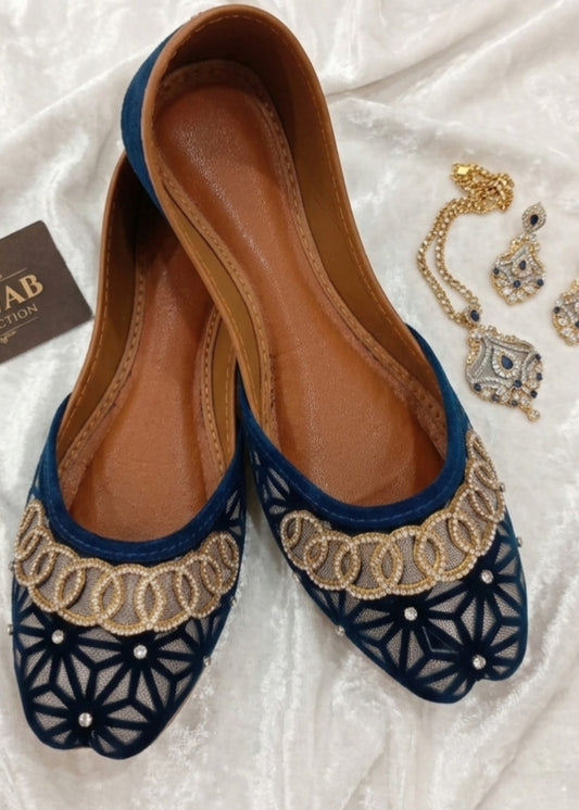 Ladies Blue Velvet Mojari Online in KSA Riyadh Saudi Arabia Oman Bahrain Qatar