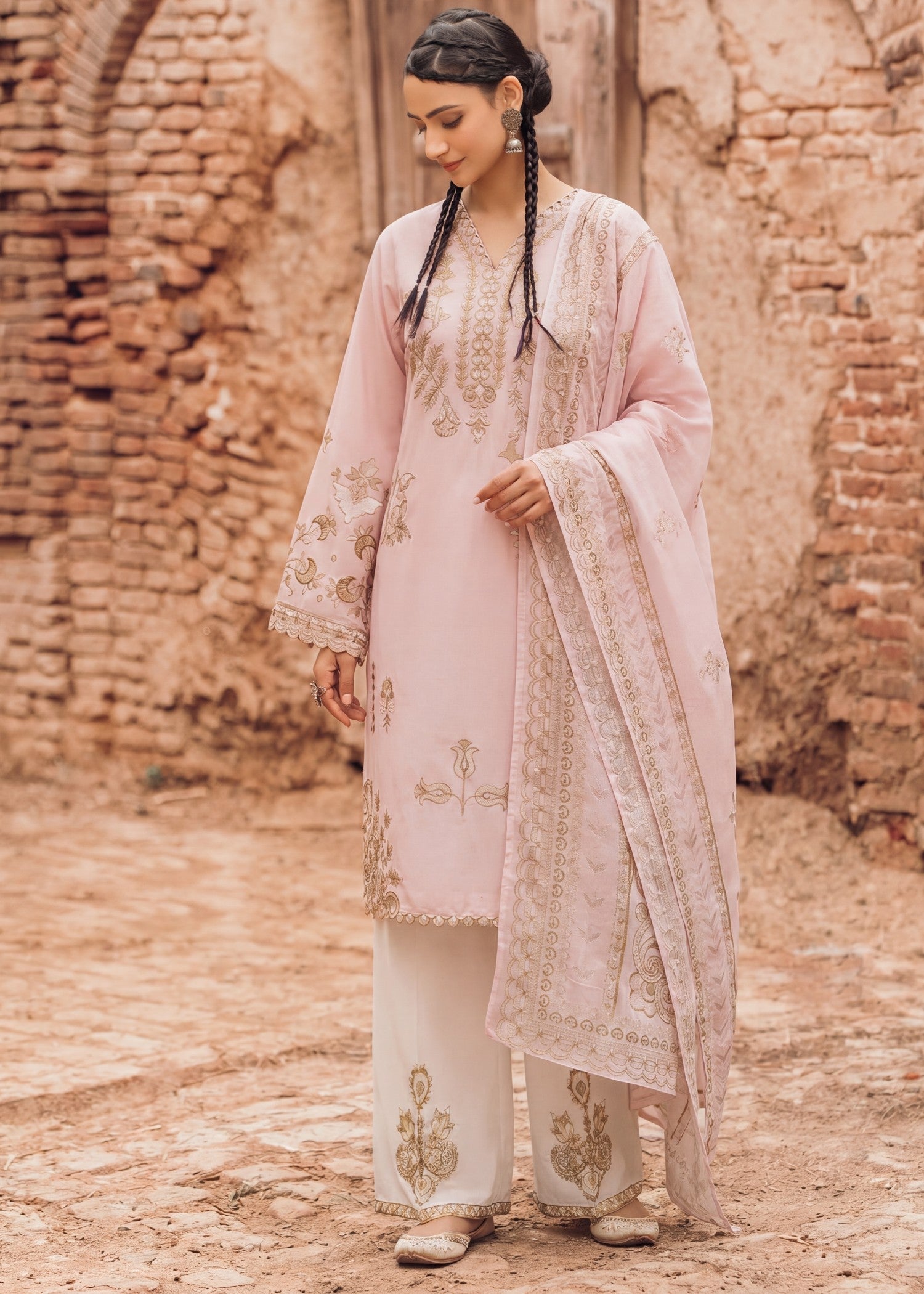 Ladies Blush Pink Embroidered Lawn Kurta Set Online in UK USA Canada