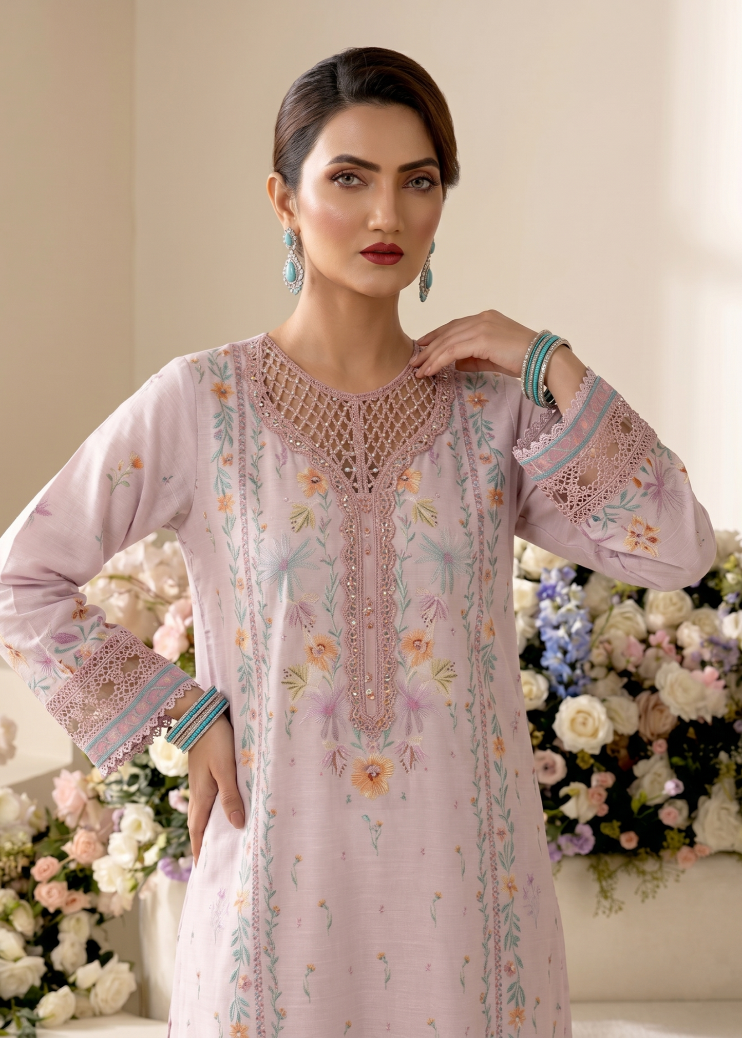 Ladies Blush Pink Embroidered Raw Silk Suit Online in Dubai UAE Abudhabi Ajman Sharjah