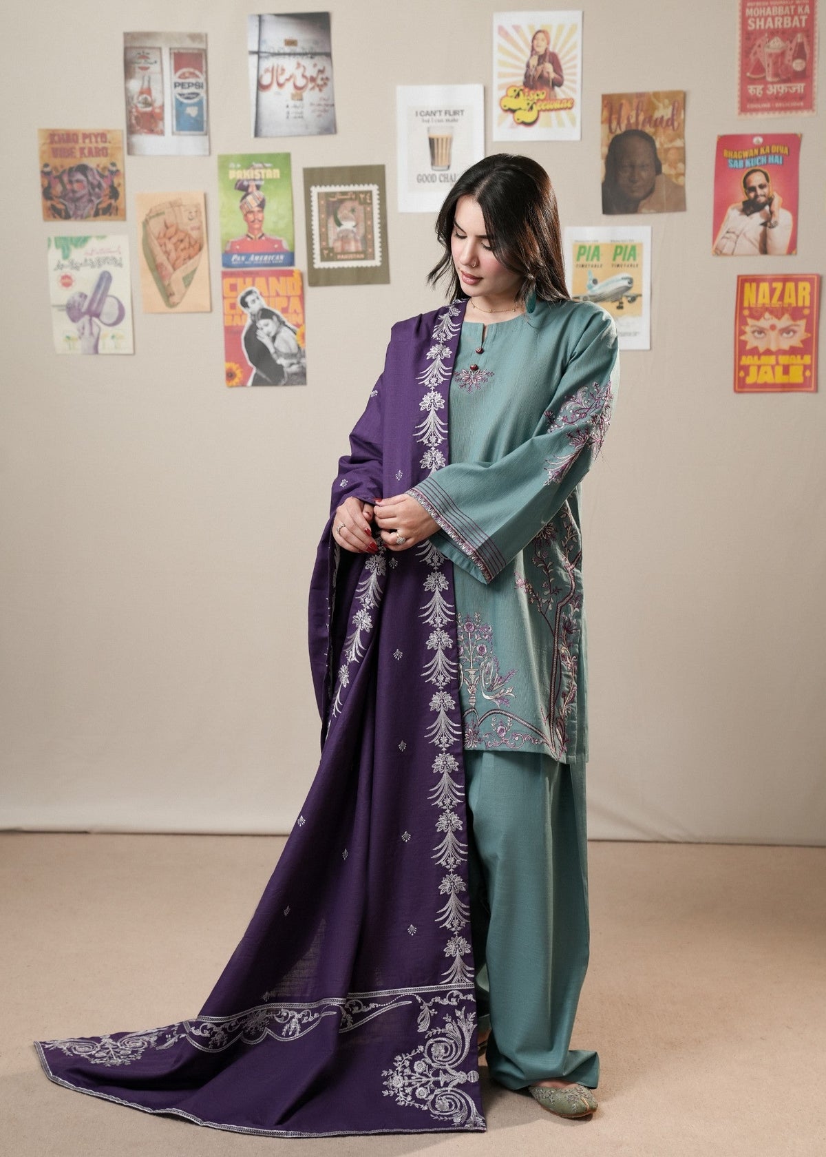 Ladies Bondi Blue Embroidered Winter Wear Shalwar Kameez Online in UK USA Canada