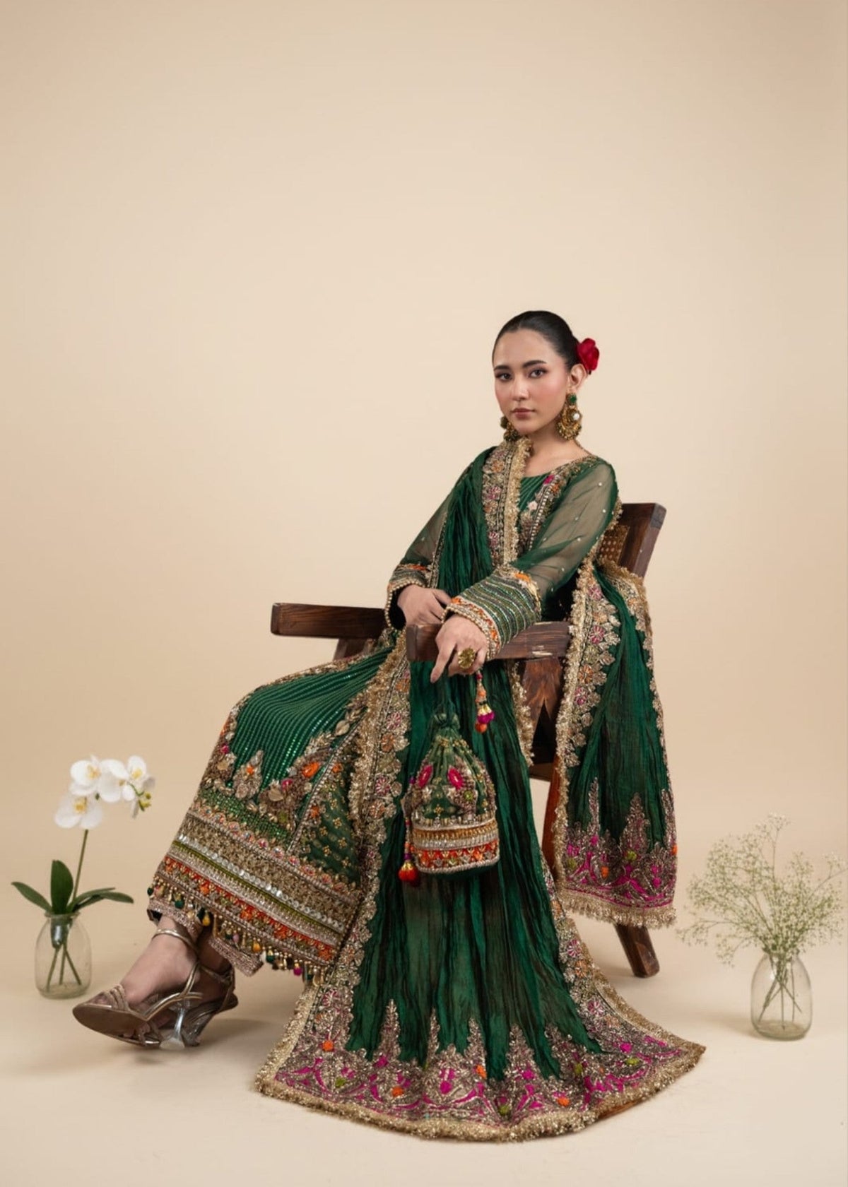 Ladies Bottle Green Banarasi Pakistani Designer Suits Online in Sri Lanka India Australia