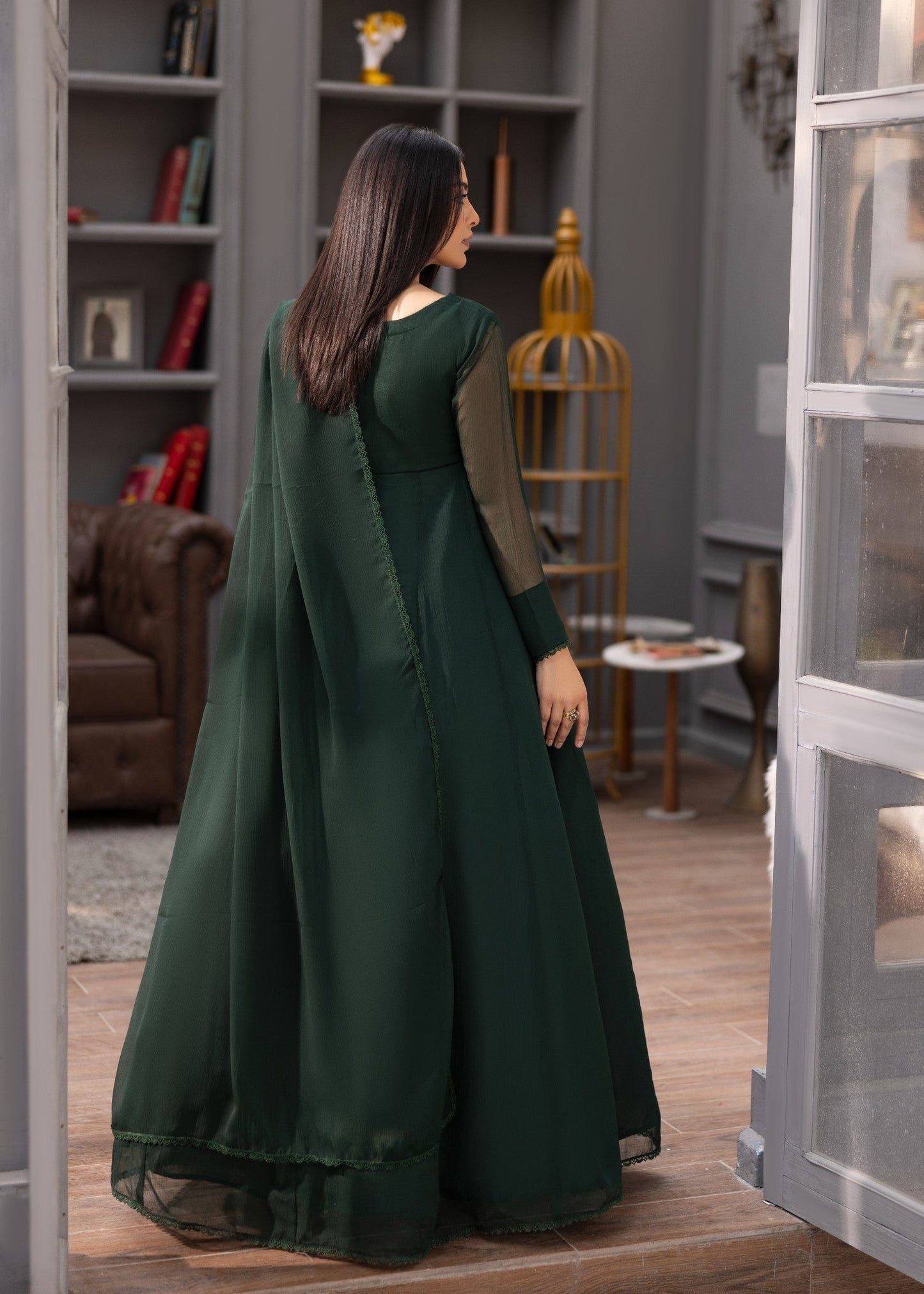Ladies Bottle Green Chiffon Shalwar Kameez Online in UK USA Canada
