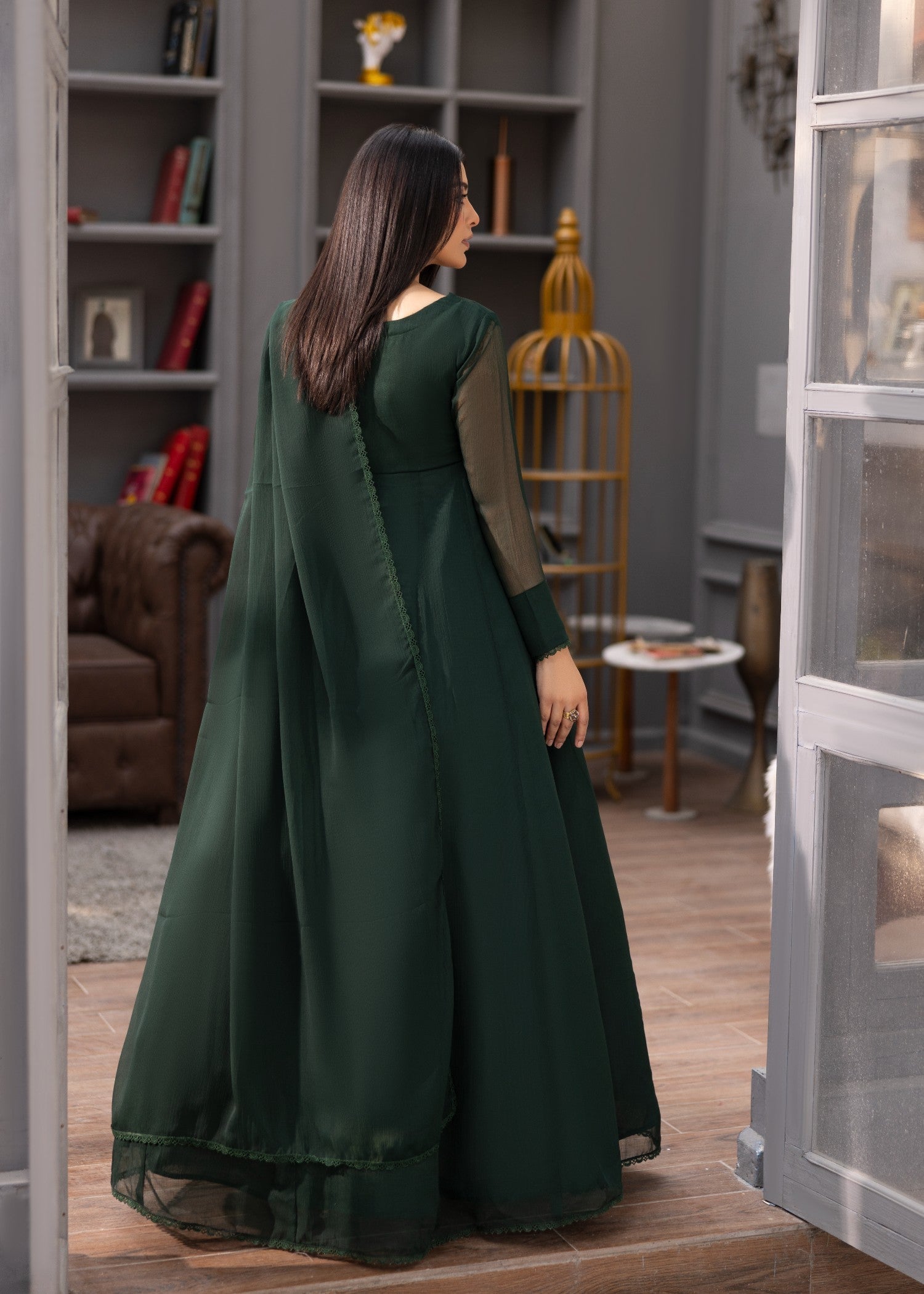 Ladies Bottle Green Chiffon Shalwar Kameez Online in UK USA Canada