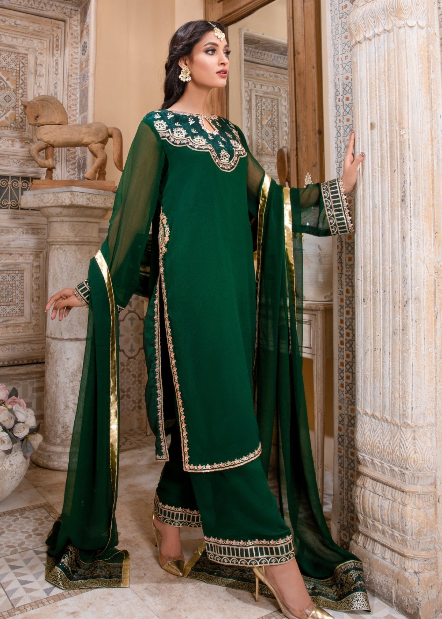 Ladies Bottle Green Chiffon Suit with Dupatta Online in Sri Lanka India Australia