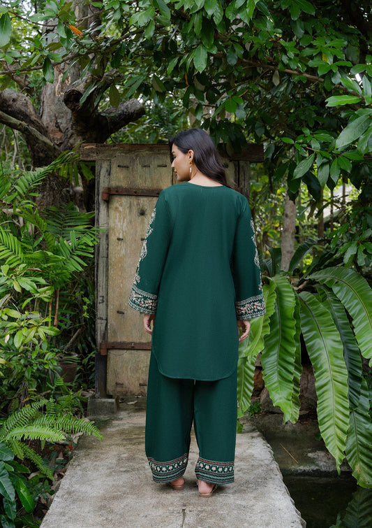 Ladies Bottle Green Embroidered Khaddar Salwar Kameez Online in UK USA Canada
