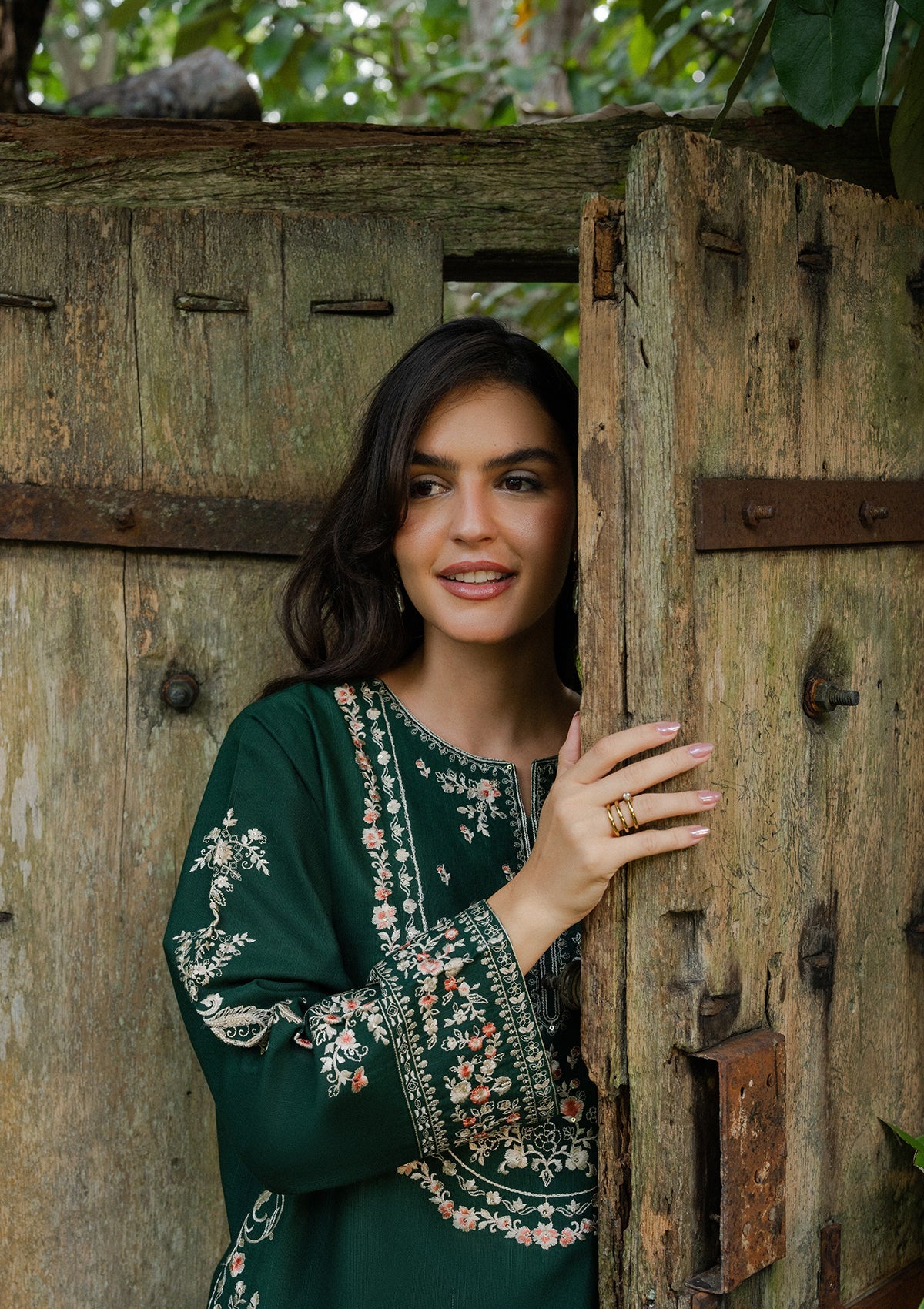 Ladies Bottle Green Khaddar Embroidered Kurta Set Online in Sri Lanka India Australia