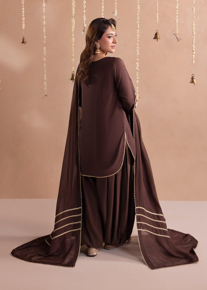 Ladies Brown 3 Piece Raw Silk Festive Suit with Medium Silk Dupatta Online in UK USA Canada
