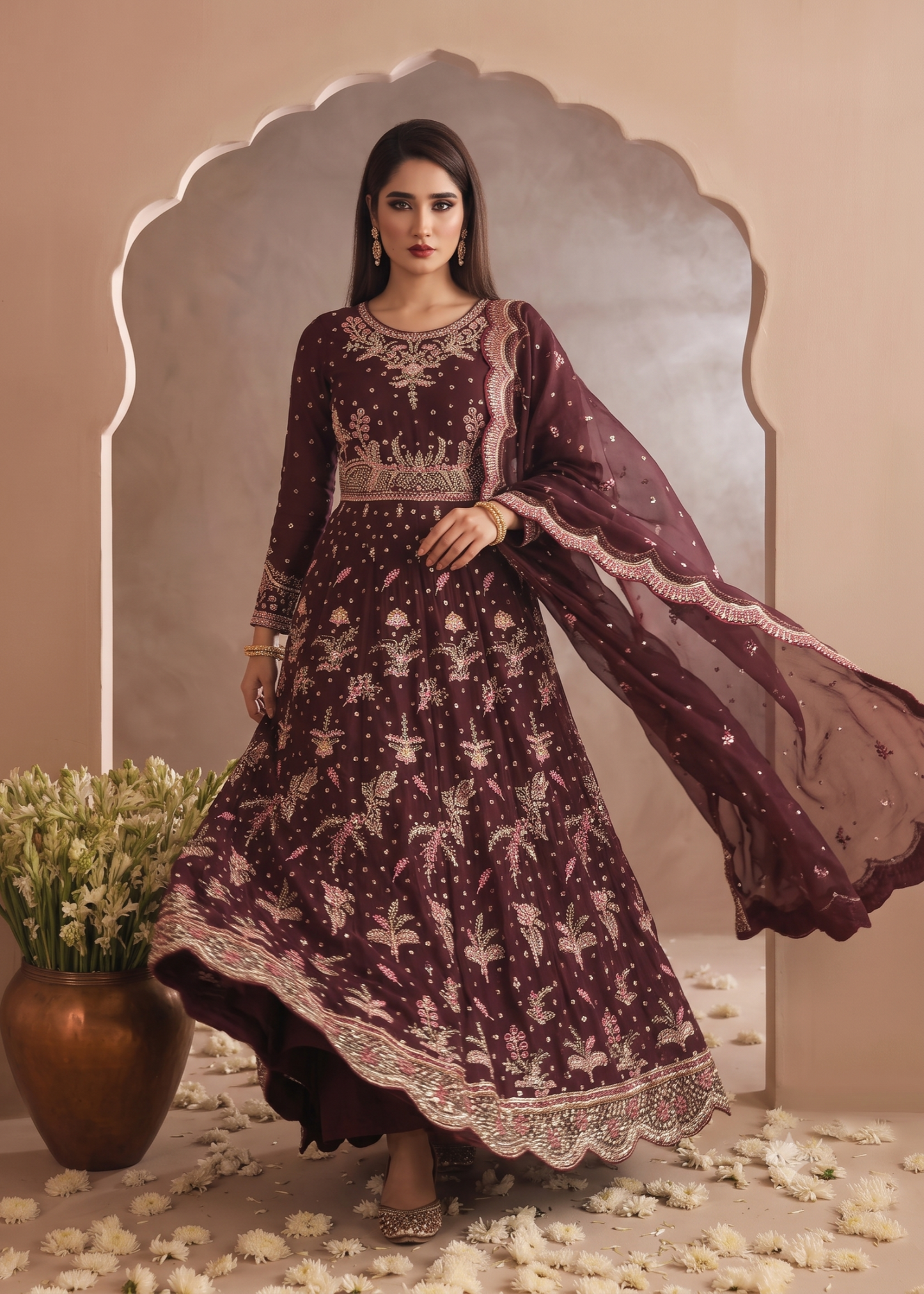Ladies Brown Embroidered Chiffon Maxi Outfit Online in UK USA Canada