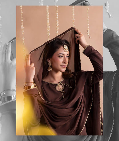 Ladies Brown Raw Silk Embroidered Shalwar Kameez Online in UK USA Canada