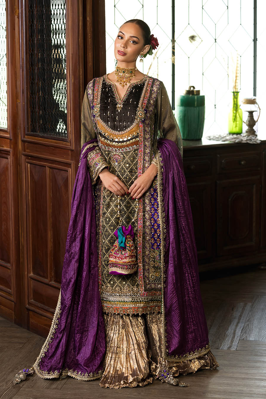 Ladies Brown Zardozi Embroidered Sharara Suit Online in UK USA Canada