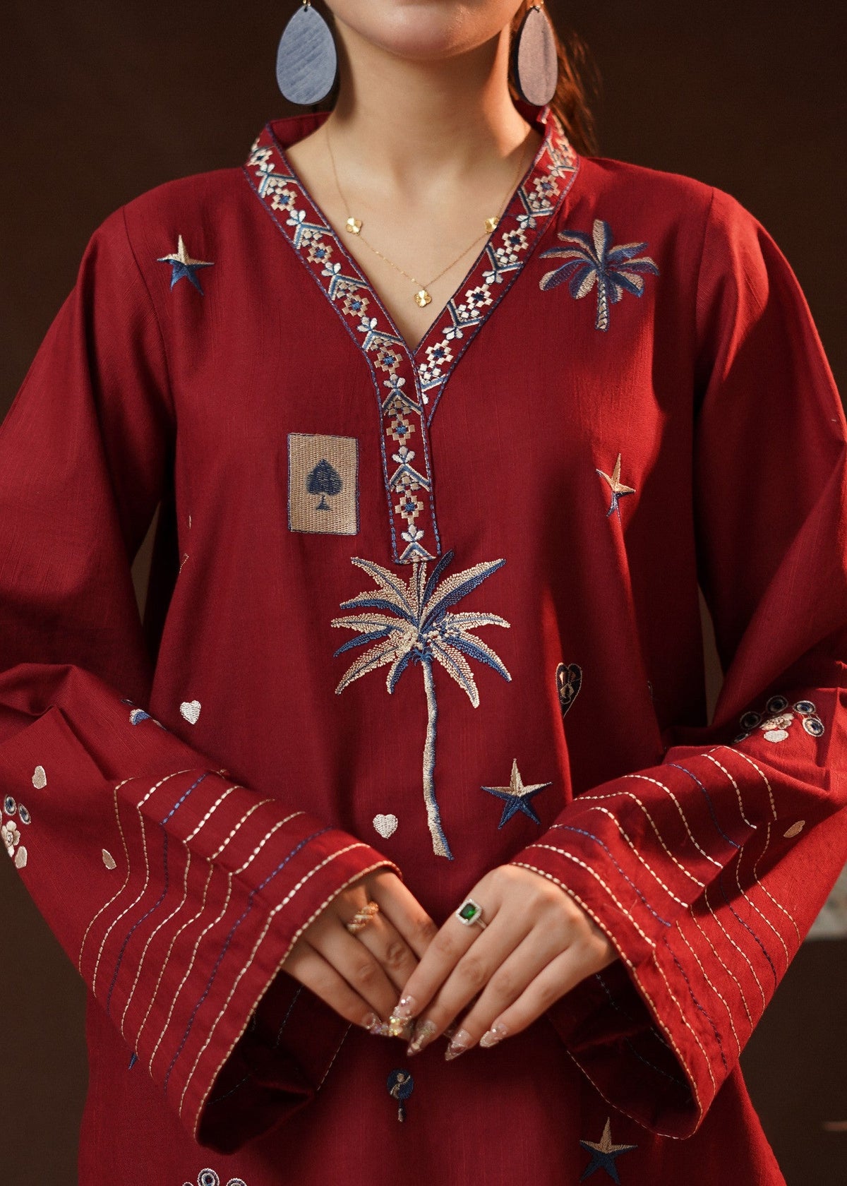 Ladies Burnt Red Embroidered Slub Khaddar Online in UK USA Canada