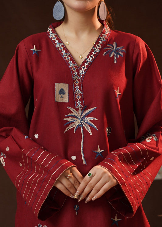 Ladies Burnt Red Embroidered Slub Khaddar Online in UK USA Canada