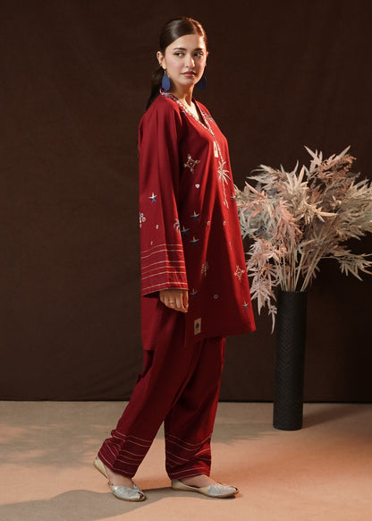 Ladies Burnt Red Slub Khaddar Kurta Set Online in UK USA Canada