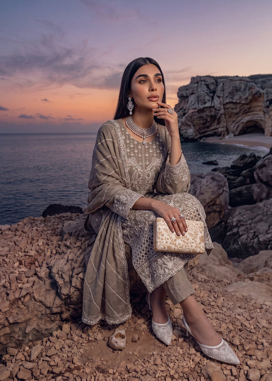 Ladies Camel Brown Chiffon Salwar Kameez Online in KSA Riyadh Saudi Arabia Oman Bahrain Qatar