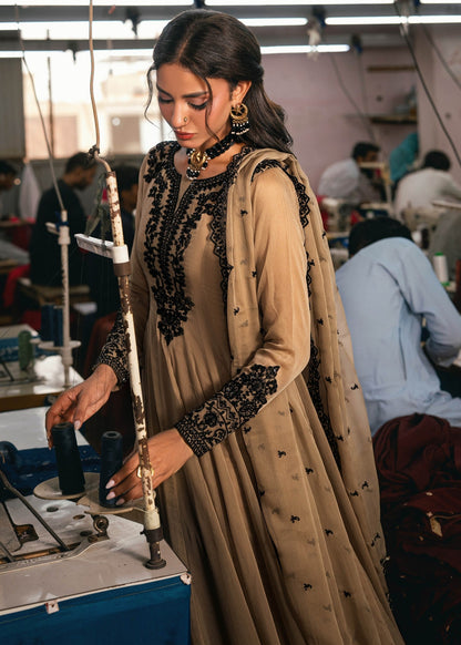 Ladies Camel Brown Embroidered Chiffon Pishwas Dress Online in UK USA Canada