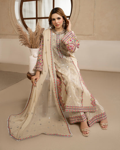 Ladies Champagne Cream Embroidered Georgette Salwar Kameez Online in KSA Riyadh Saudi Arabia Oman Bahrain Qatar