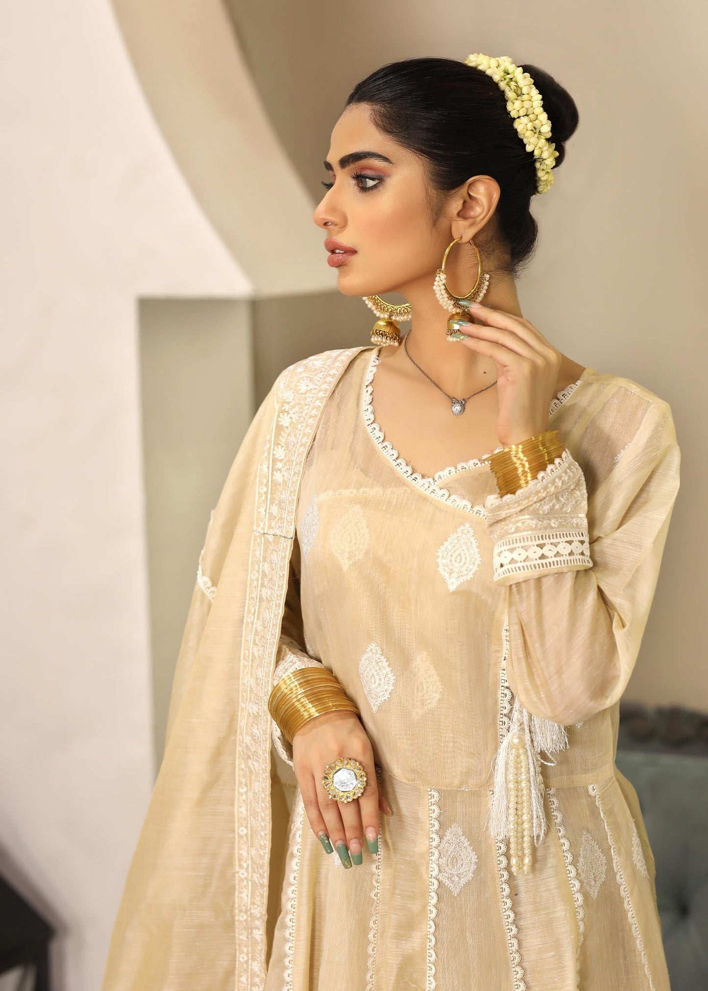 Ladies Champagne Embroidered Raw Silk Suit Online in UK USA Canada