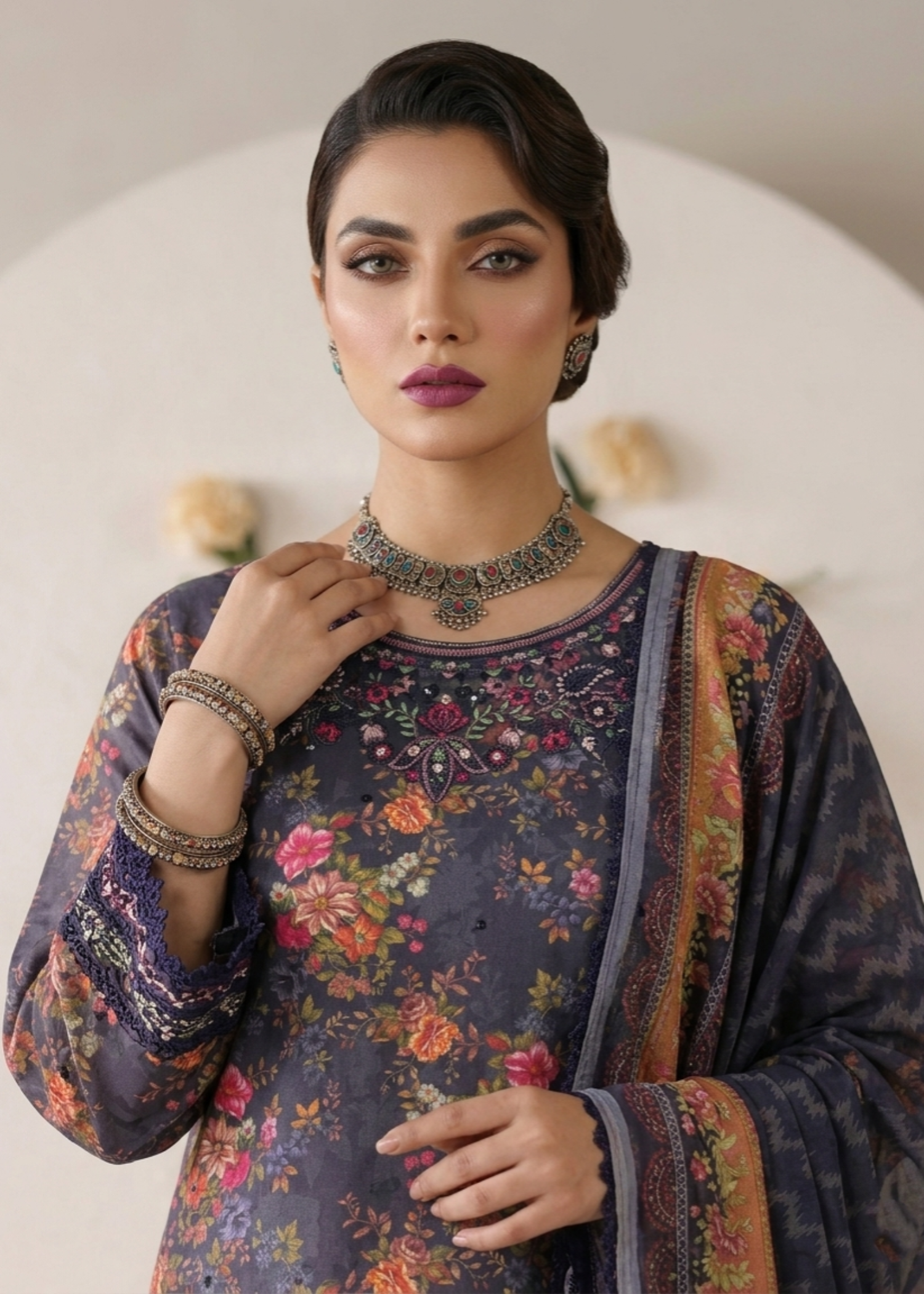 Ladies Charcoal Embroidered Lawn Kurta Online in Dubai DXB UAE Abudhabi Meena Bazaar