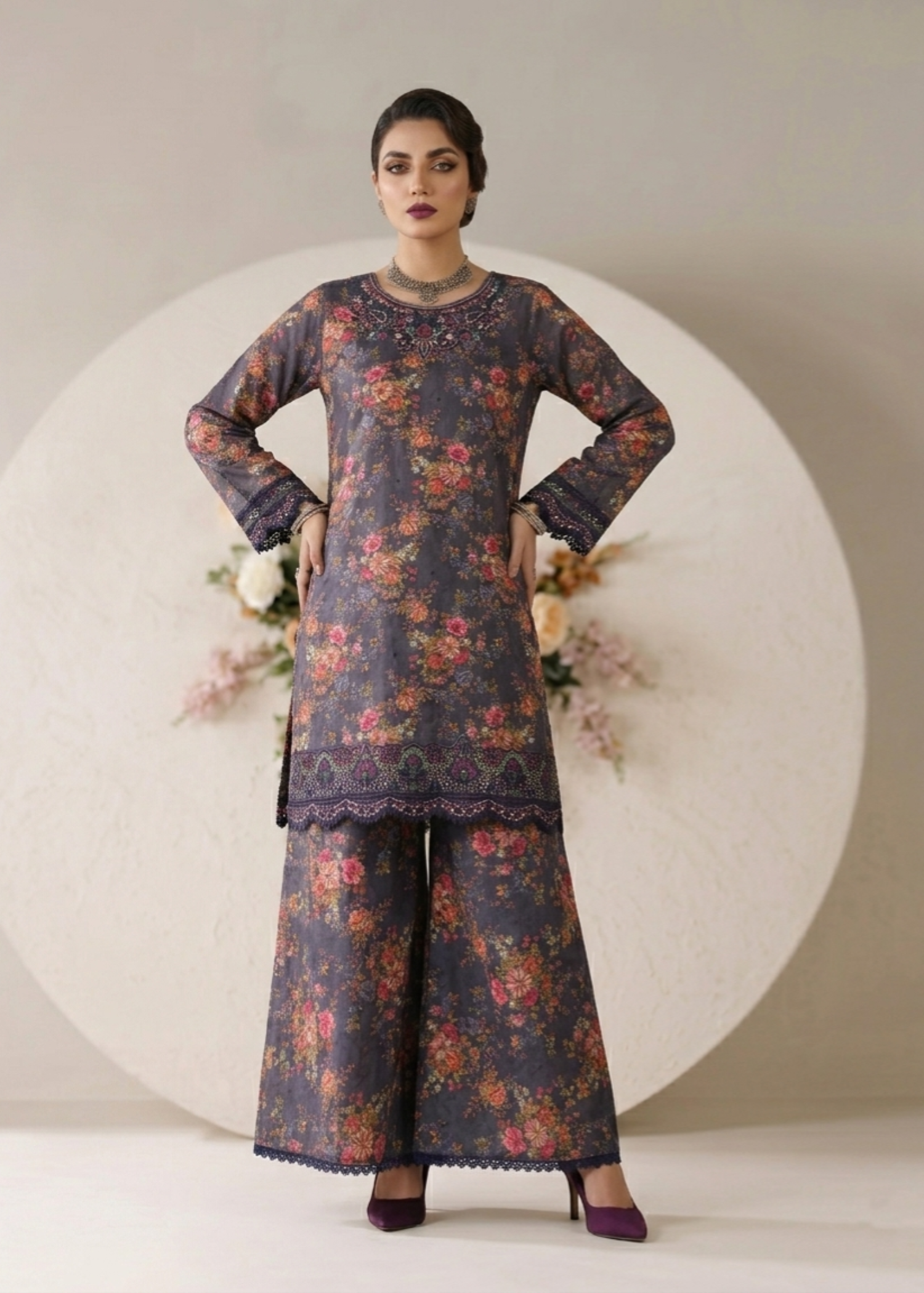 Ladies Charcoal Embroidered Lawn Suit Online in KSA Riyadh Saudi Arabia Oman Bahrain Qatar