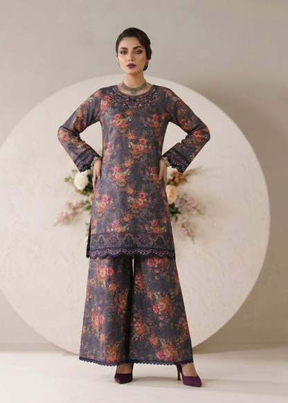 Ladies Charcoal Embroidered Lawn Suit Online in KSA Riyadh Saudi Arabia Oman Bahrain Qatar