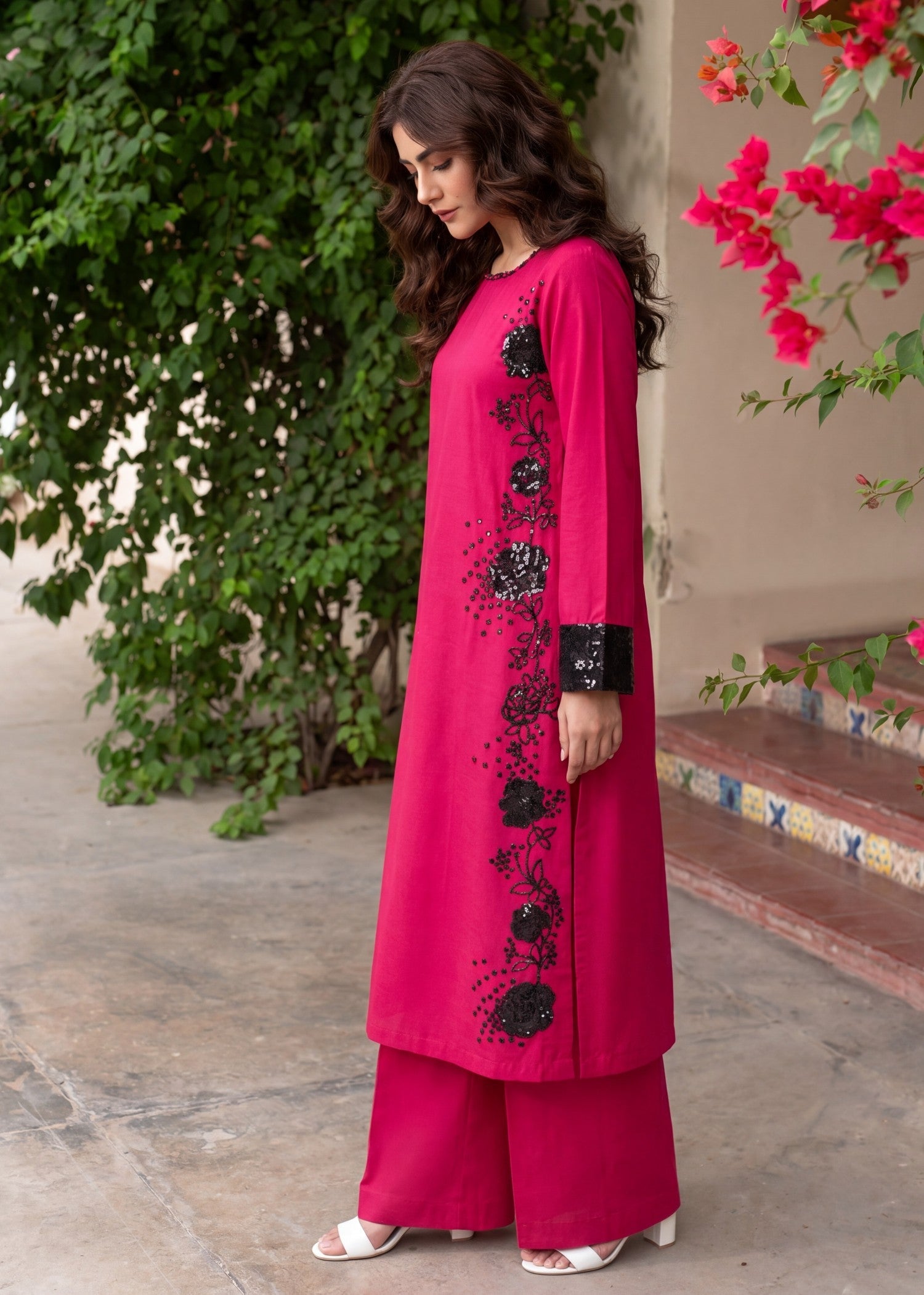 Ladies Cherry Red Sequined Shalwar Kameez Online in UK USA Canada