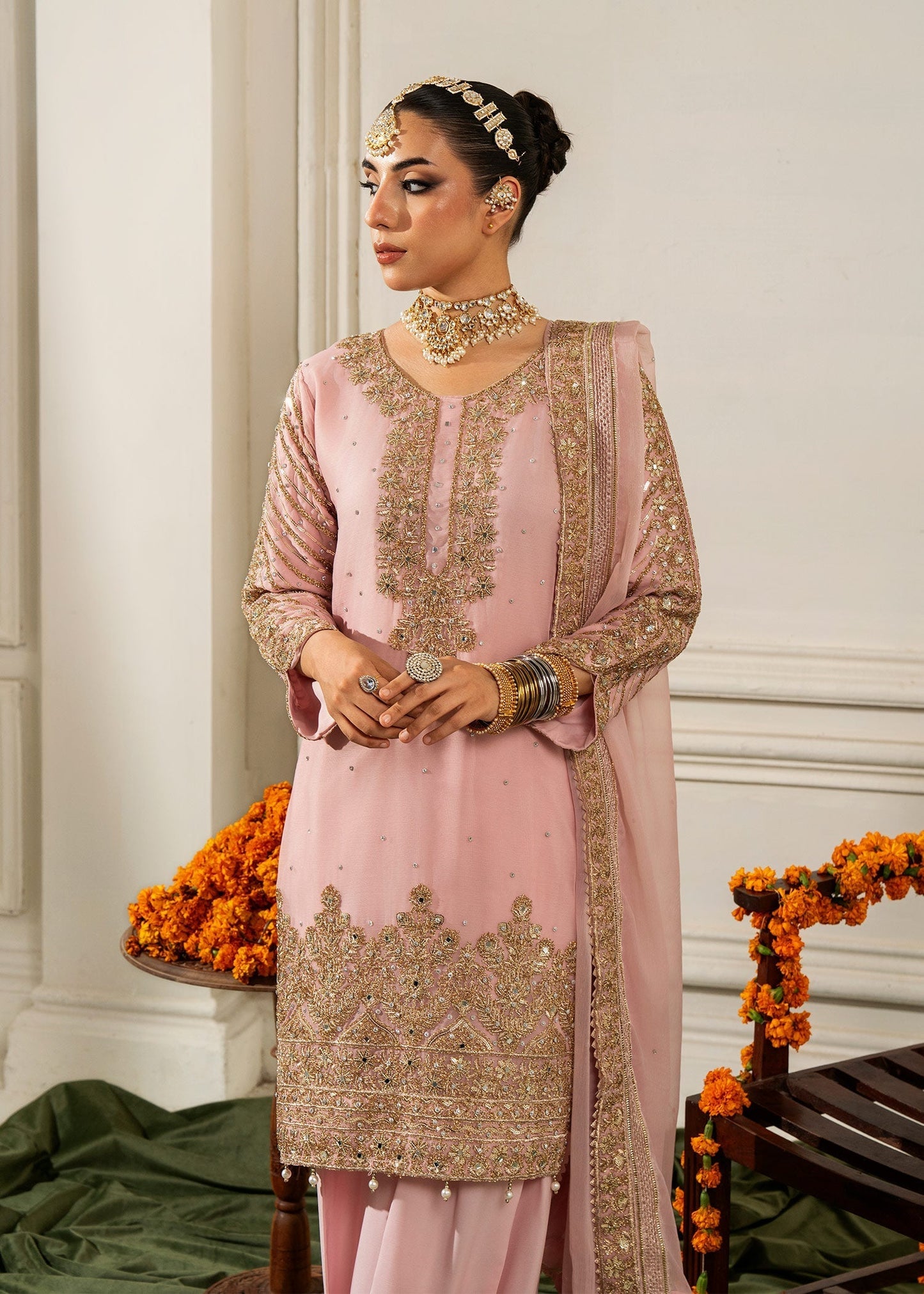 Ladies Chiffon Blush Pink Party Suit Online in UK USA Canada