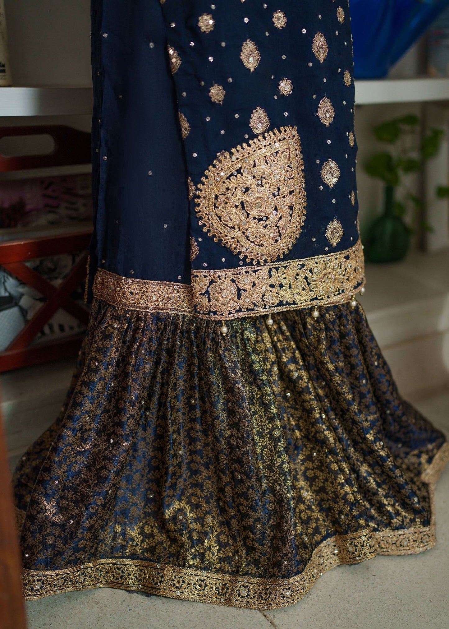 Ladies Chiffon Navy Blue Party Wear Gharara Online in KSA Riyadh Saudi Arabia Oman Bahrain Qatar