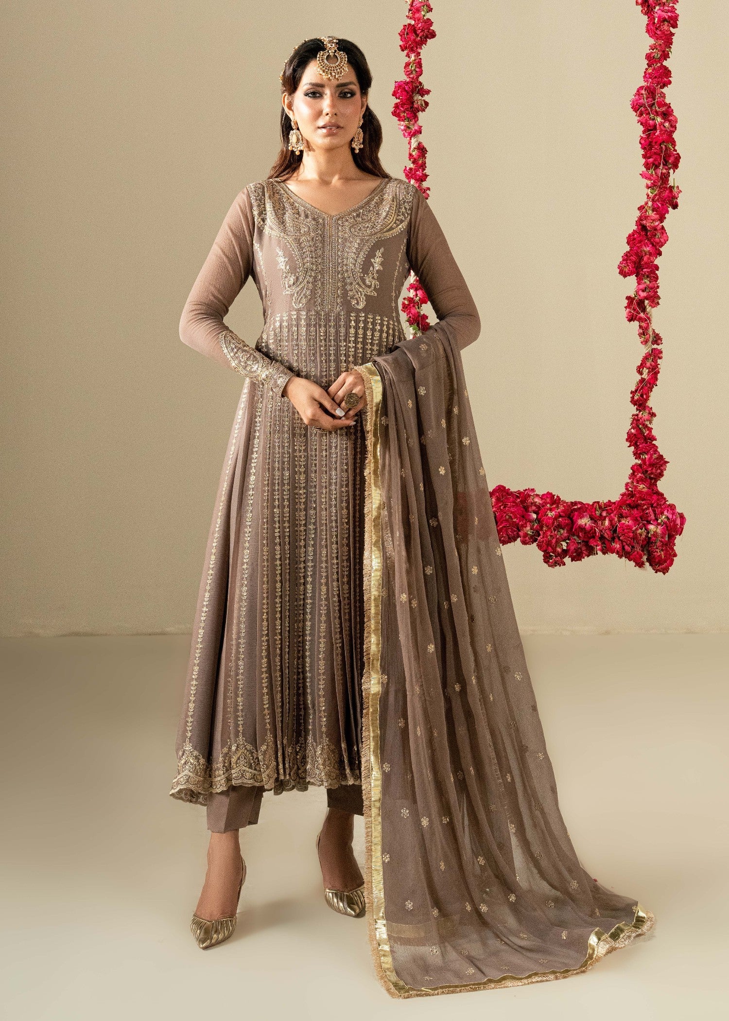 Ladies Coffee Embroidered Chiffon Salwar Kameez Online in UK USA Canada