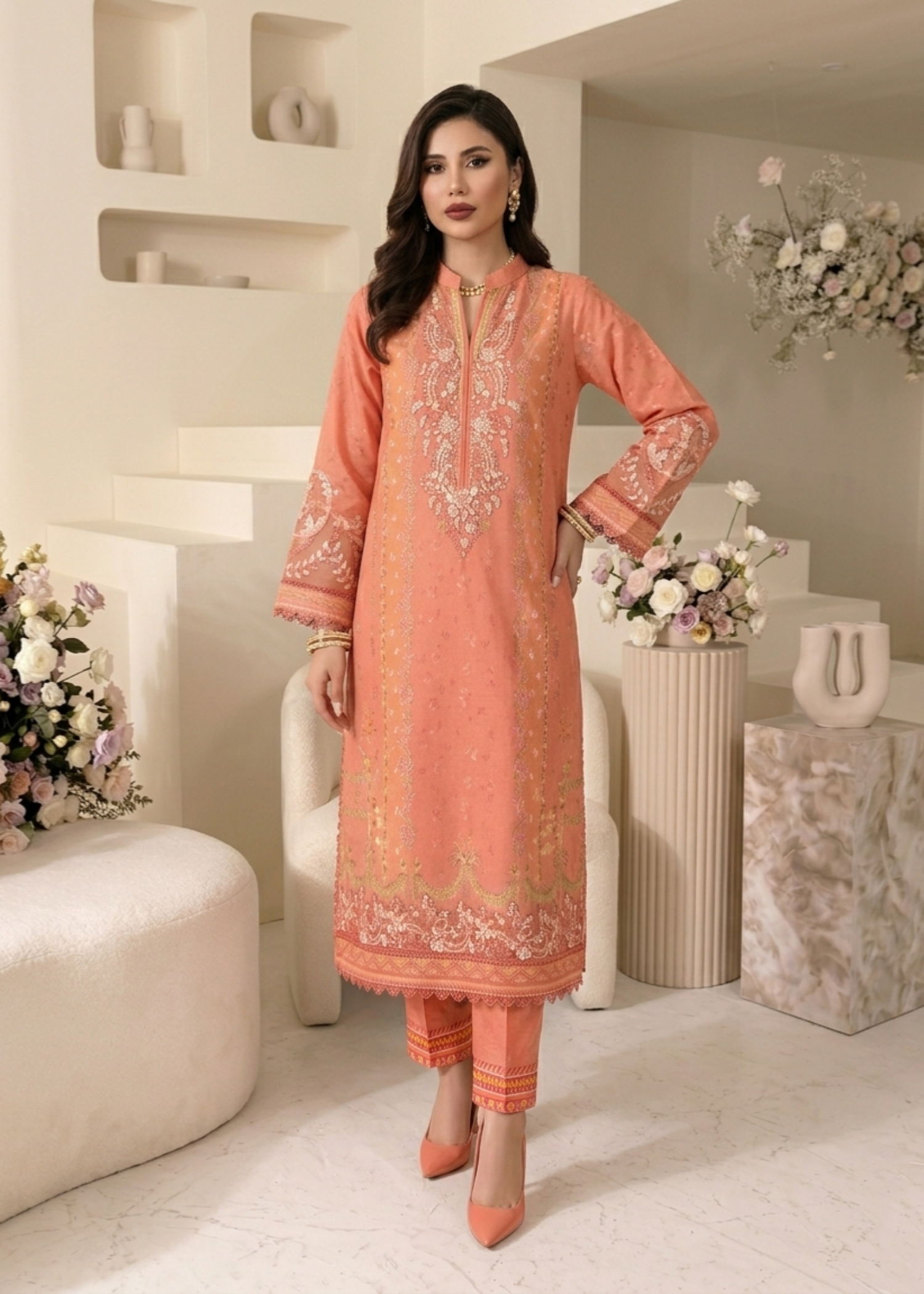 Ladies Coral Pink Raw Silk Festive Wear Suit Online in UK USA Canada