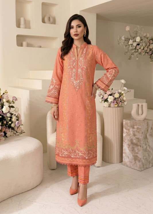 Ladies Coral Pink Raw Silk Festive Wear Suit Online in UK USA Canada