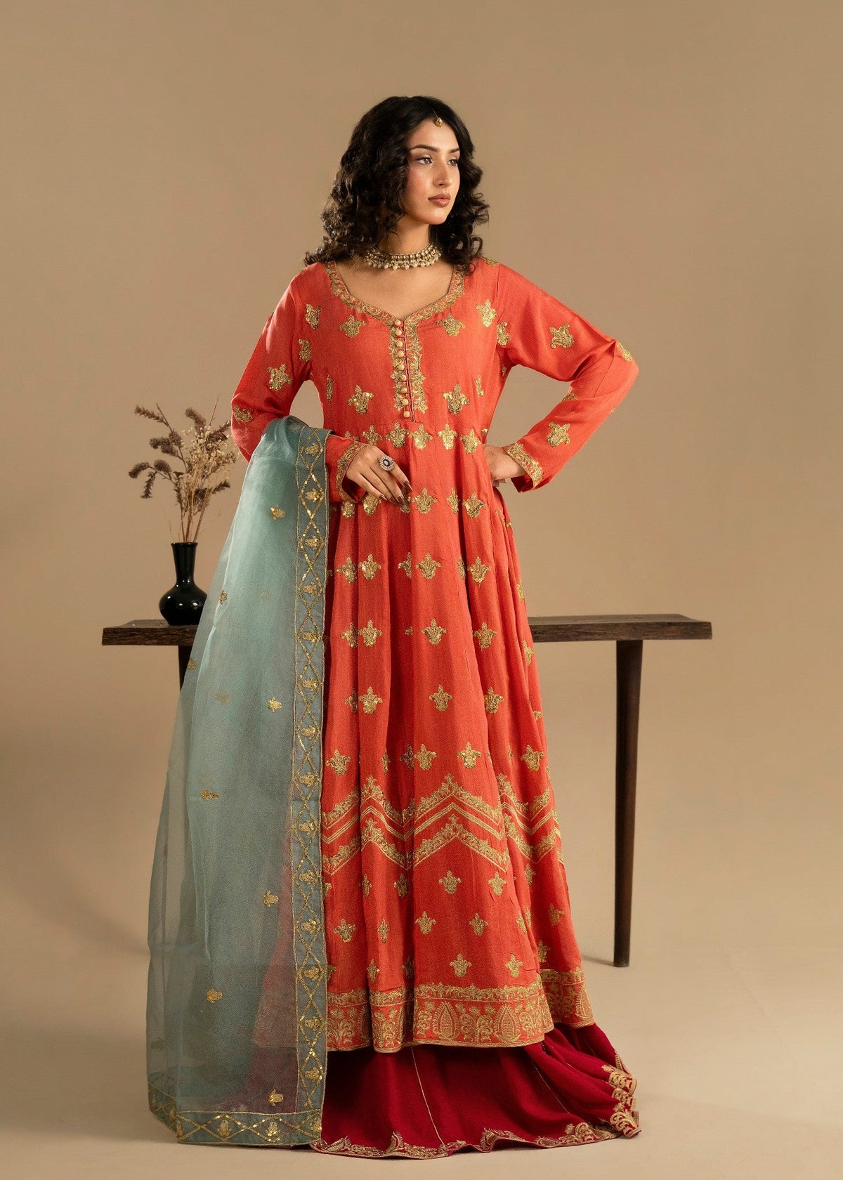 Ladies Coral Pink Silk Pishwas Pakistani Wedding Dresses Online in UK USA Canada