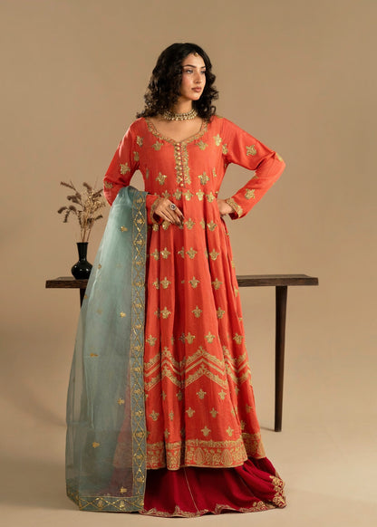 Ladies Coral Pink Silk Pishwas Pakistani Wedding Dresses Online in UK USA Canada