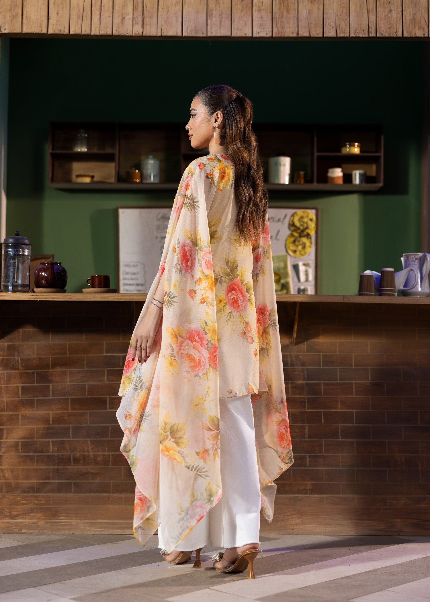 Ladies Cream Chiffon Kaftan Top and Slip Online in UK USA Canada