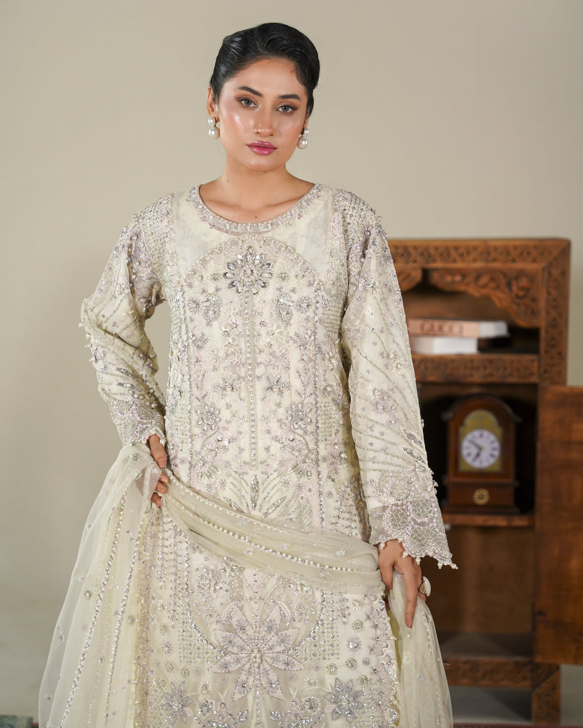 Ladies Cream Embellished Organza Shalwar Kameez Online in UK USA Canada