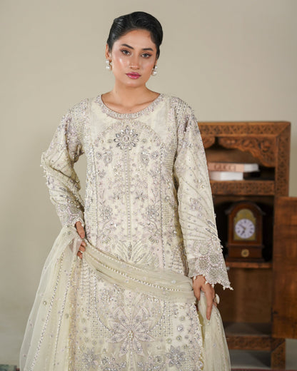 Ladies Cream Embellished Organza Shalwar Kameez Online in UK USA Canada