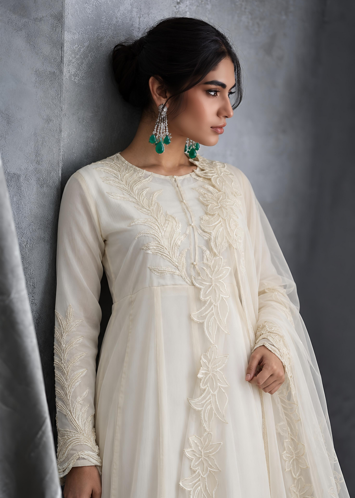 Ladies Cream Embroidered Chiffon Partywear Maxi Online in UK USA Canada