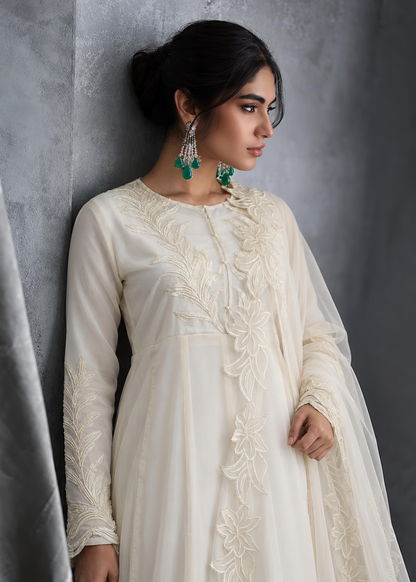 Ladies Cream Embroidered Chiffon Partywear Maxi Online in UK USA Canada