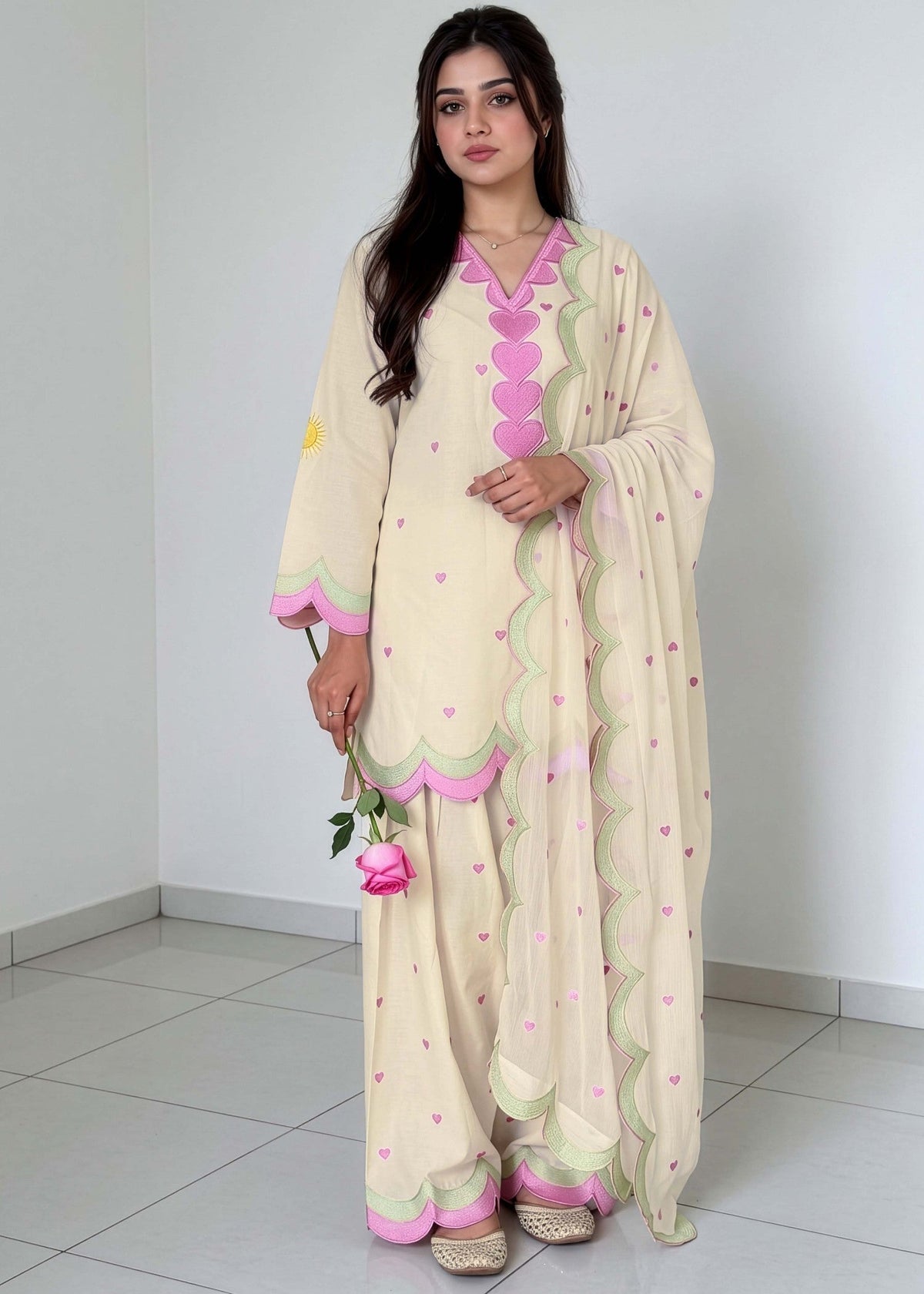 Ladies Cream Embroidered Cotton Shalwar Kameez Online in UK USA Canada