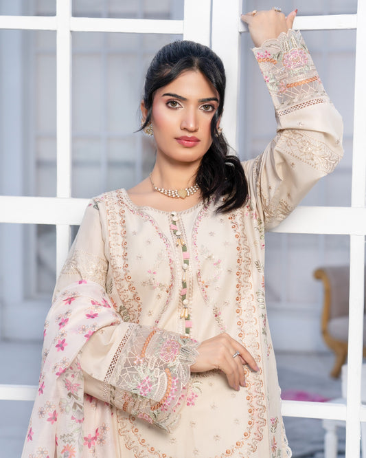Ladies Cream Embroidered Lawn Shalwar Kameez Online in UK USA Canada