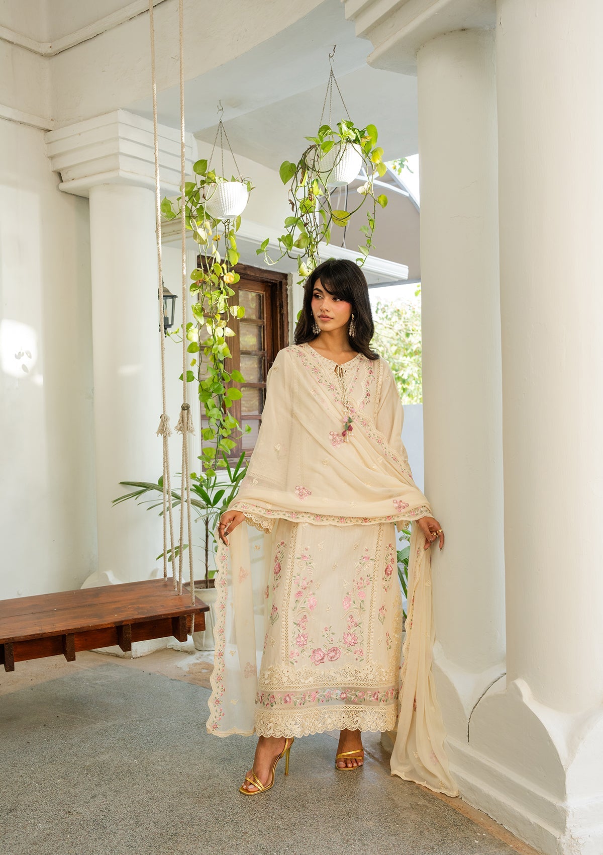 Ladies Cream Embroidered Lawn Shalwar Kameez Online in UK USA Canada