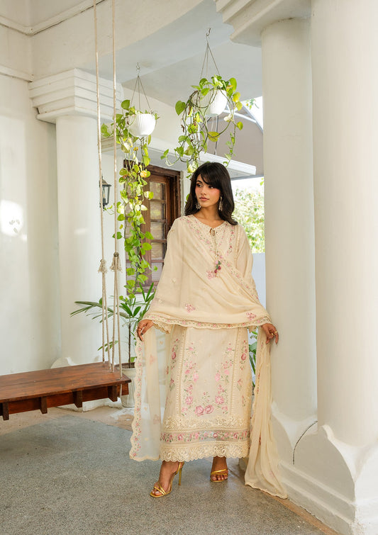 Ladies Cream Embroidered Lawn Shalwar Kameez Online in UK USA Canada