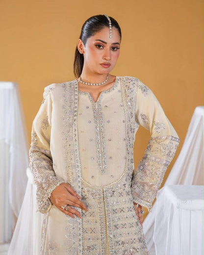 Ladies Cream Embroidered Organza Designer Salwar Kameez Online in UK USA Canada