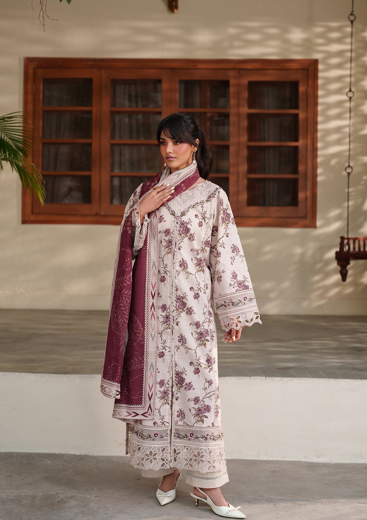 Ladies Cream Embroidered Shalwar Kameez Online in UK USA Canada