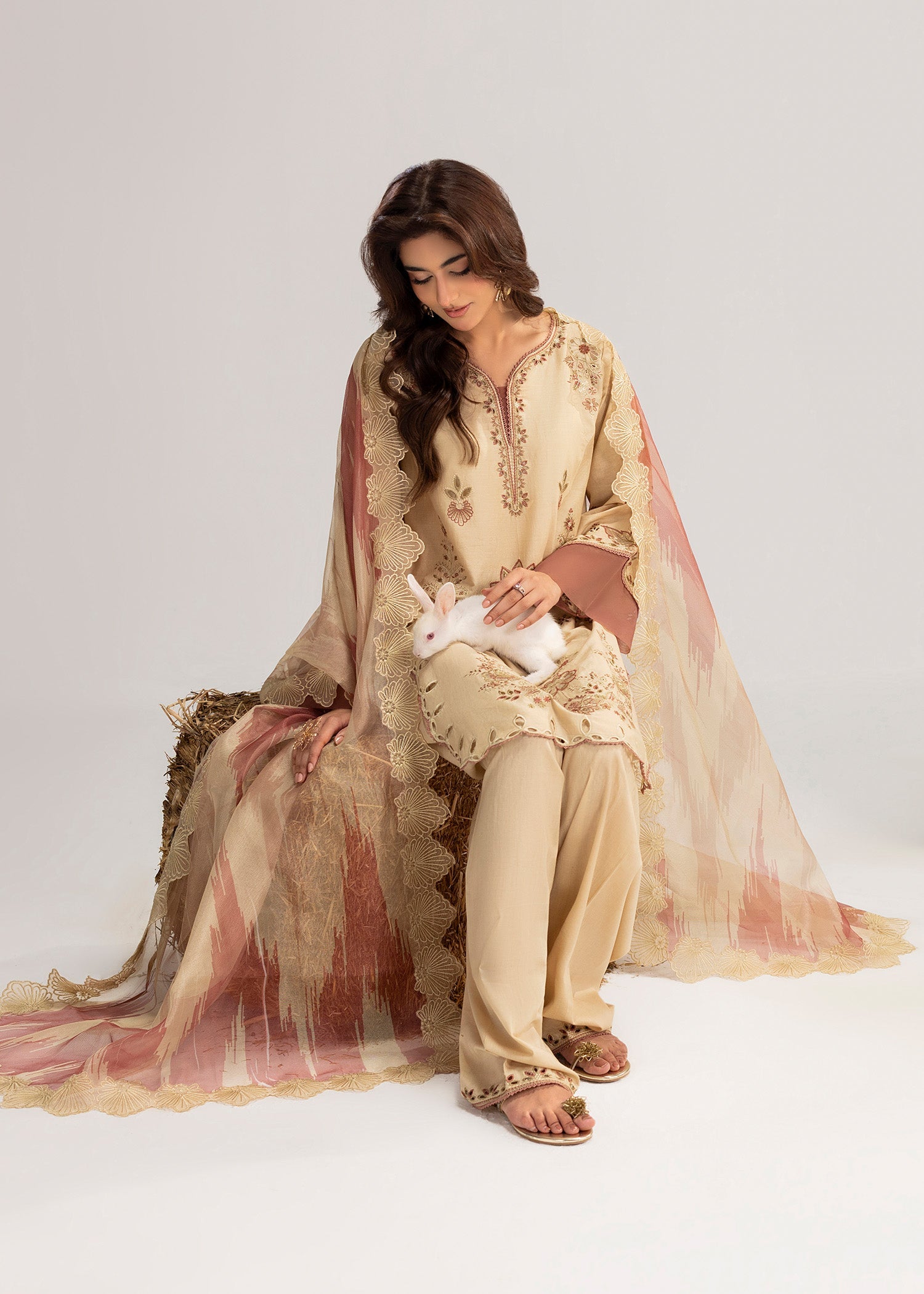 Ladies Cream Embroidered Shalwar Kameez Online in UK USA Canada