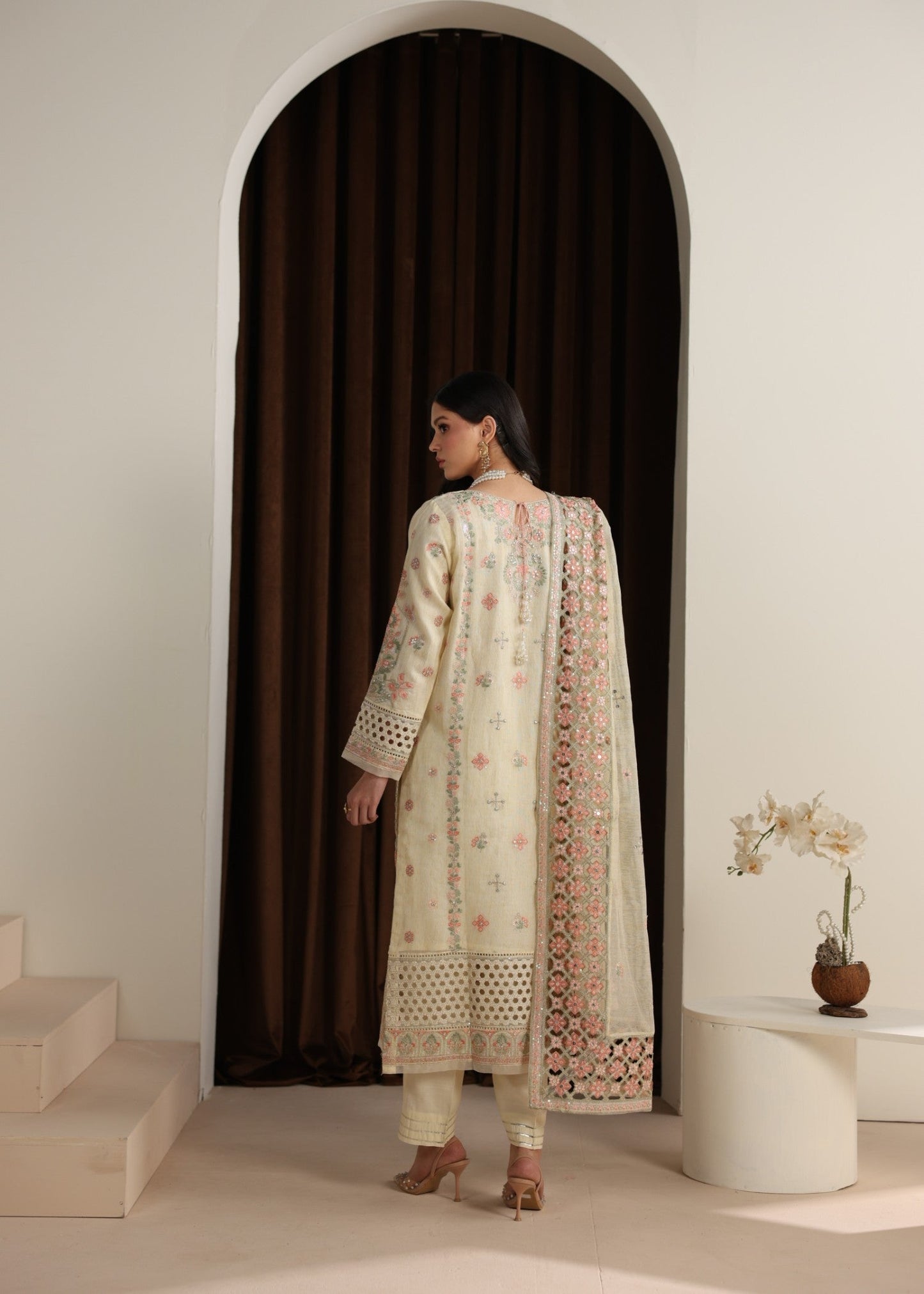 Ladies Cream Khaddi Net Embroidered Salwar Suit Online in KSA Riyadh Saudi Arabia Oman Bahrain Qatar