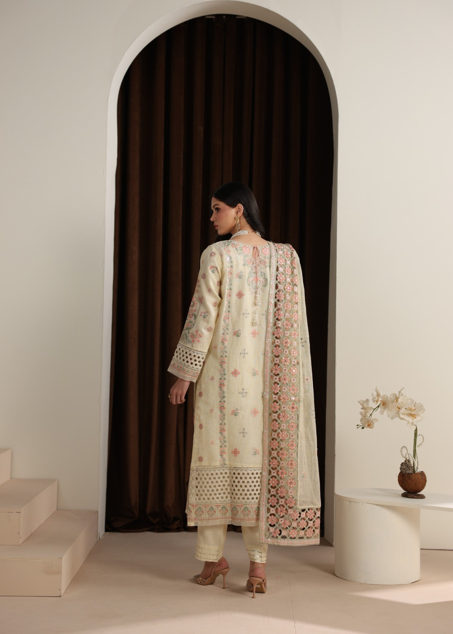 Ladies Cream Khaddi Net Embroidered Salwar Suit Online in KSA Riyadh Saudi Arabia Oman Bahrain Qatar