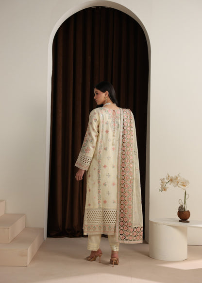 Ladies Cream Khaddi Net Embroidered Salwar Suit Online in KSA Riyadh Saudi Arabia Oman Bahrain Qatar